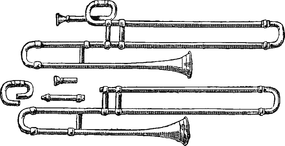 Engraving of Renaissance sackbuts and trumpets, from Lavoix, Histoire de la musique, 1884