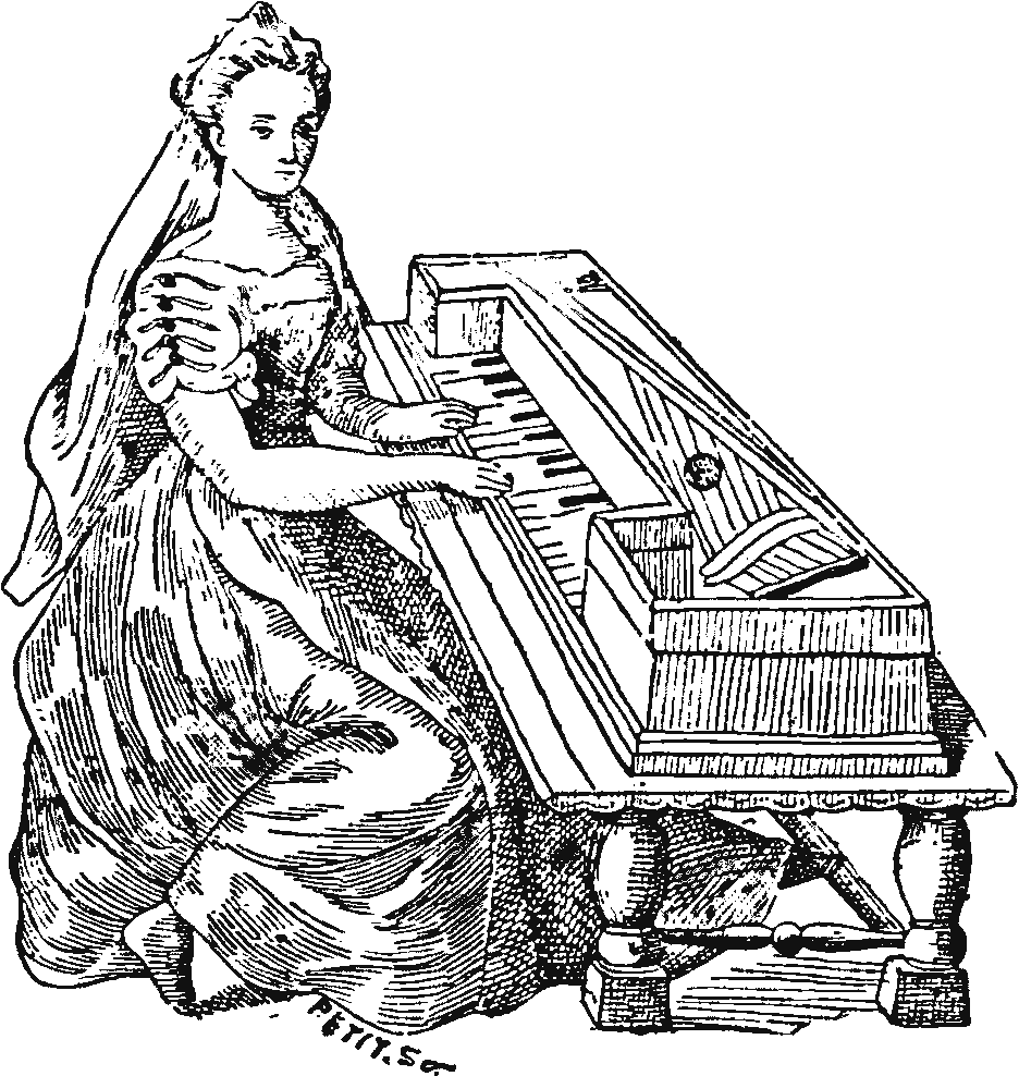 Engraving of a player at a harpsichord, from Lavoix, Histoire de la musique, 1884