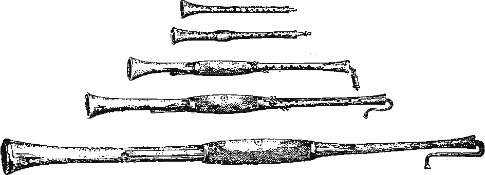 Engraving of early shawms, oboes and a bassoon, from Lavoix, Histoire de la musique, 1884